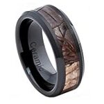 8mm Black Ceramic Wedding Band Ring High Polish with Forest Floor Foliage Camo Inlay Beveled Edge (12)