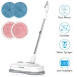 Cordless Electric Mop, Electric Spin Mop with Led Headlight and Water Spray, Auto Cleaning Mop with 4 Microfiber and Reusable Replacement Pads, 300ML Water Tank, Buckle Rechargeable Floor Polisher