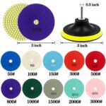 Tanzfrosch 3 inch Diamond Polishing Pads Set Wet/Dry Polishing Kit 10pcs 50#-3000# Grit Pads with 2pcs Hook and Loop Backer Pads for Granite Stone Concrete Marble Floor Grinder or Polisher (12 Pack)