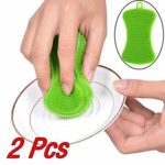 Gotian 2Pcs Silicone Dish Washing Sponge Scrubber Kitchen Cleaning Antibacterial Tool – 11×4.5×0.7cm Green